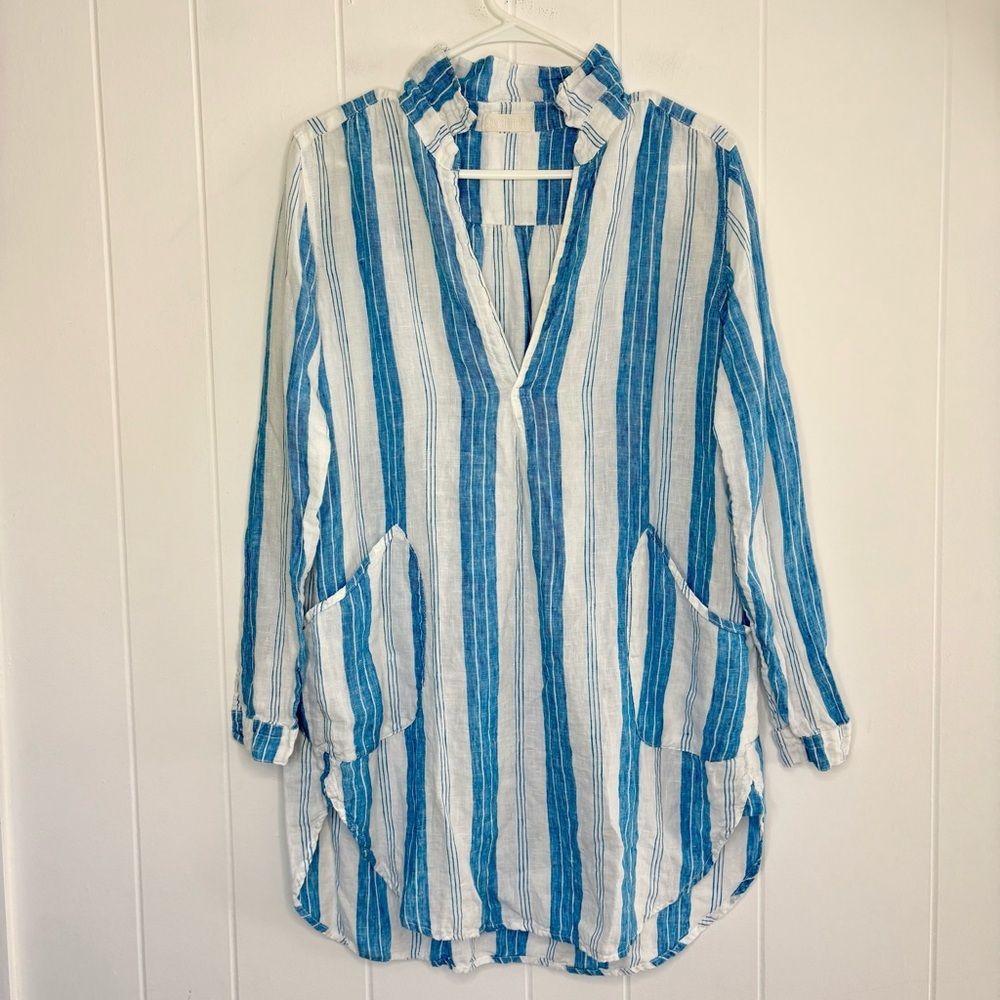 CP Shades Linen Tunic Dress Size XS White/Blue Stripes Classic Fall Staple Piece - Picture 2 of 7